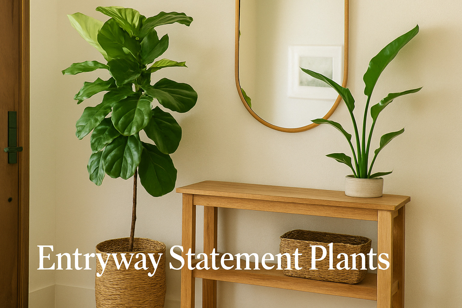Entryway statement plants, including a tall fiddle-leaf fig and tabletop bird of paradis,e styled with a wooden console table, mirror, and soft natural light for inviting home decor